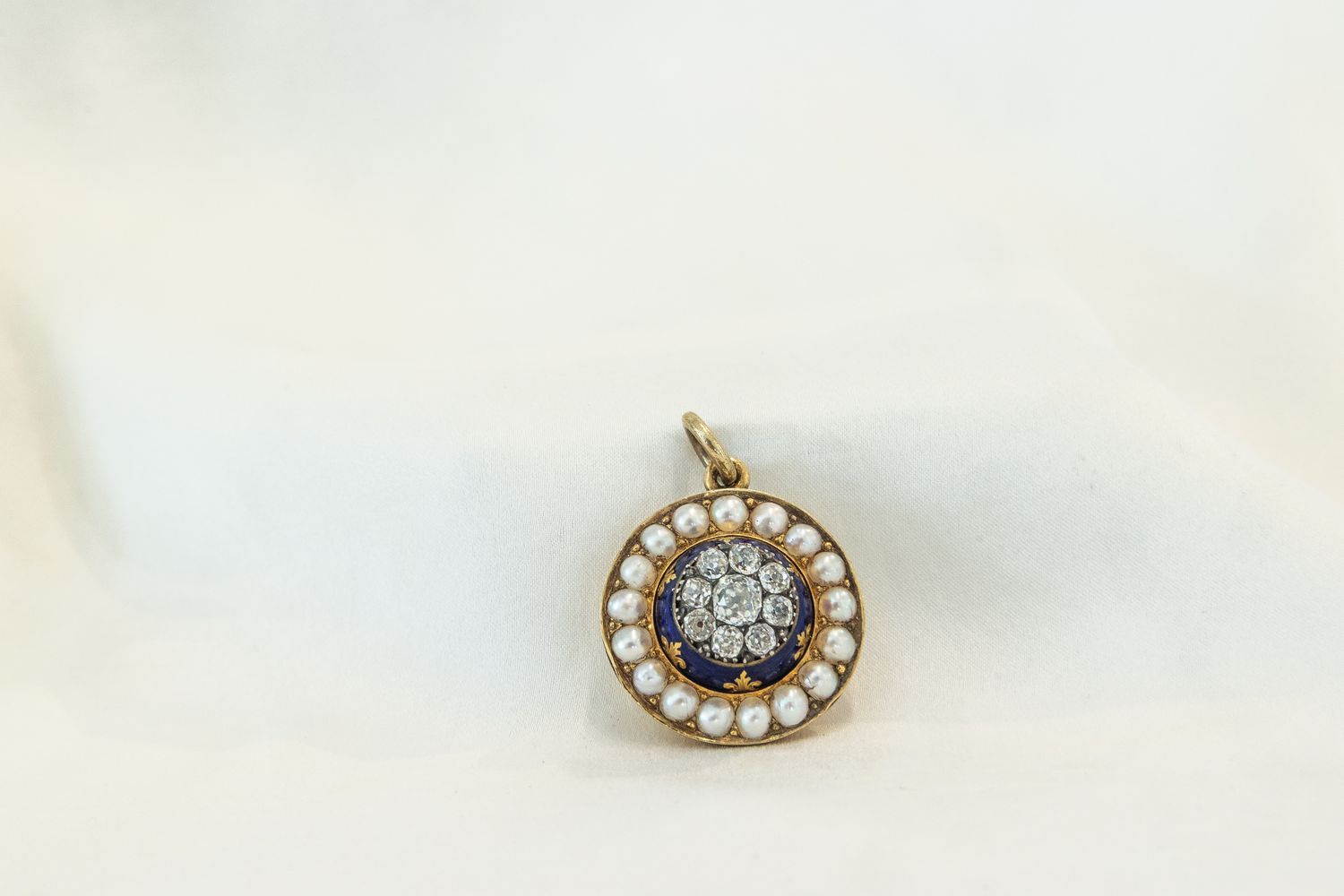 Victorian Diamond Half Pearl &amp; Blue Enamel Locket Pendant