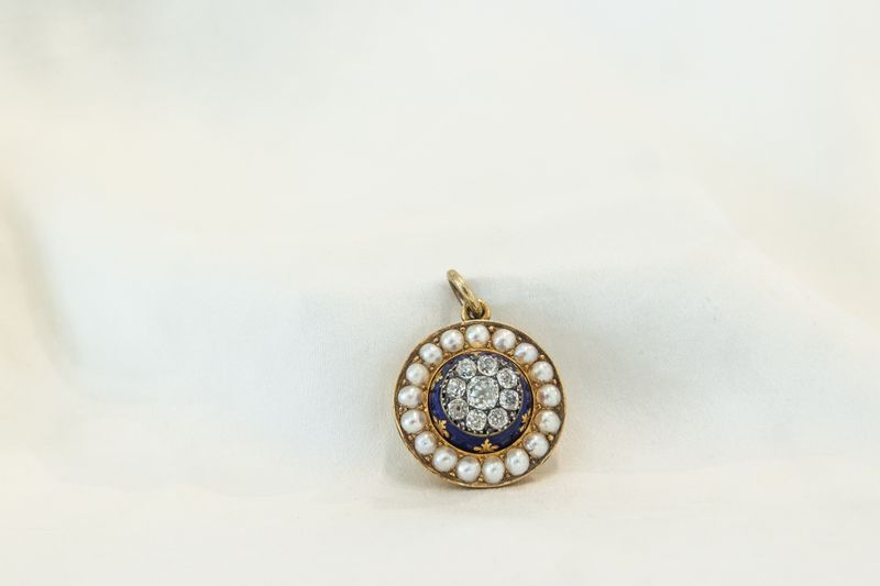 Victorian Diamond Half Pearl &amp; Blue Enamel Locket Pendant
