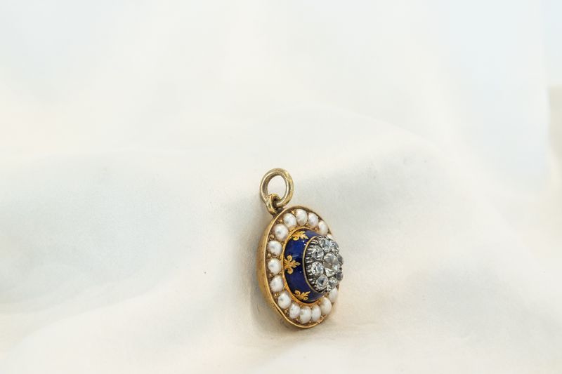 Victorian Diamond Half Pearl &amp; Blue Enamel Locket Pendant