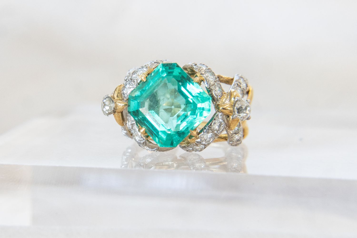 Emerald Diamond 18K Yellow Gold Schlumberger Tiffany Ring