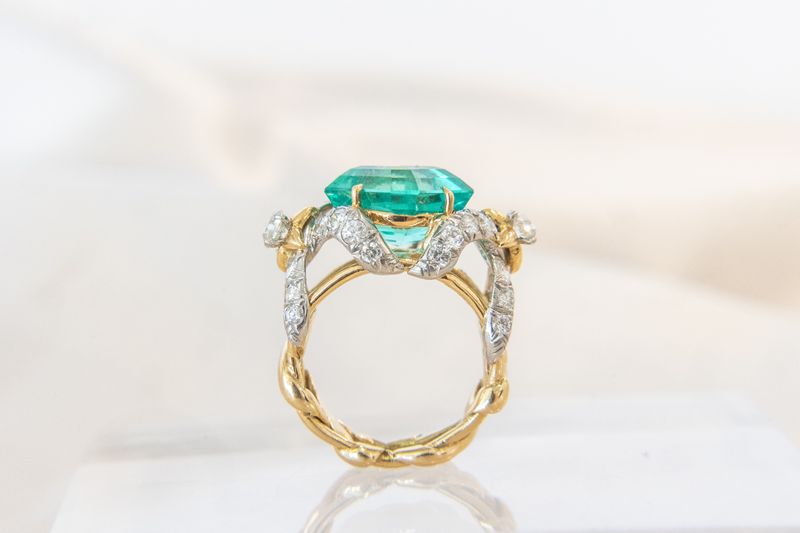 Emerald Diamond 18K Yellow Gold Schlumberger Tiffany Ring