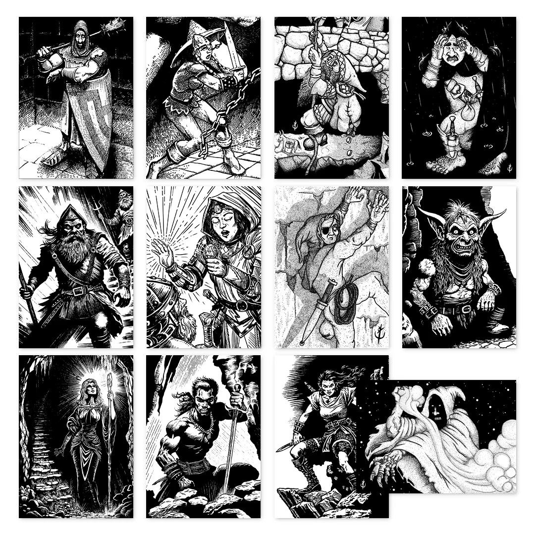 Shadowdark 12 Premade 1st Level Character Cards