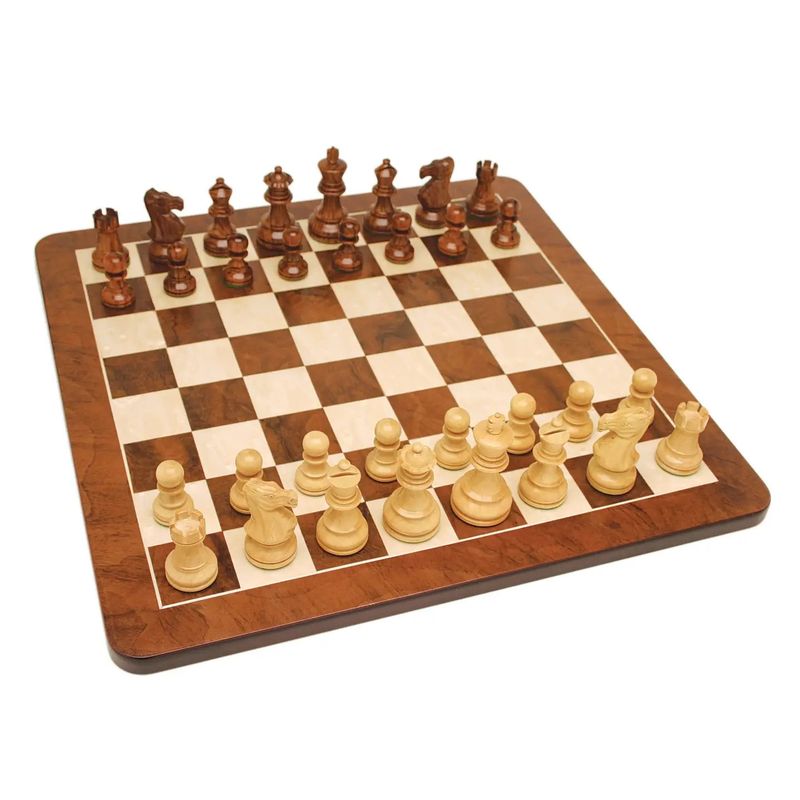 Chess Set Staunton 3.5" Sheesham/Kari wood pieces w/19" Walnut Root round corner board