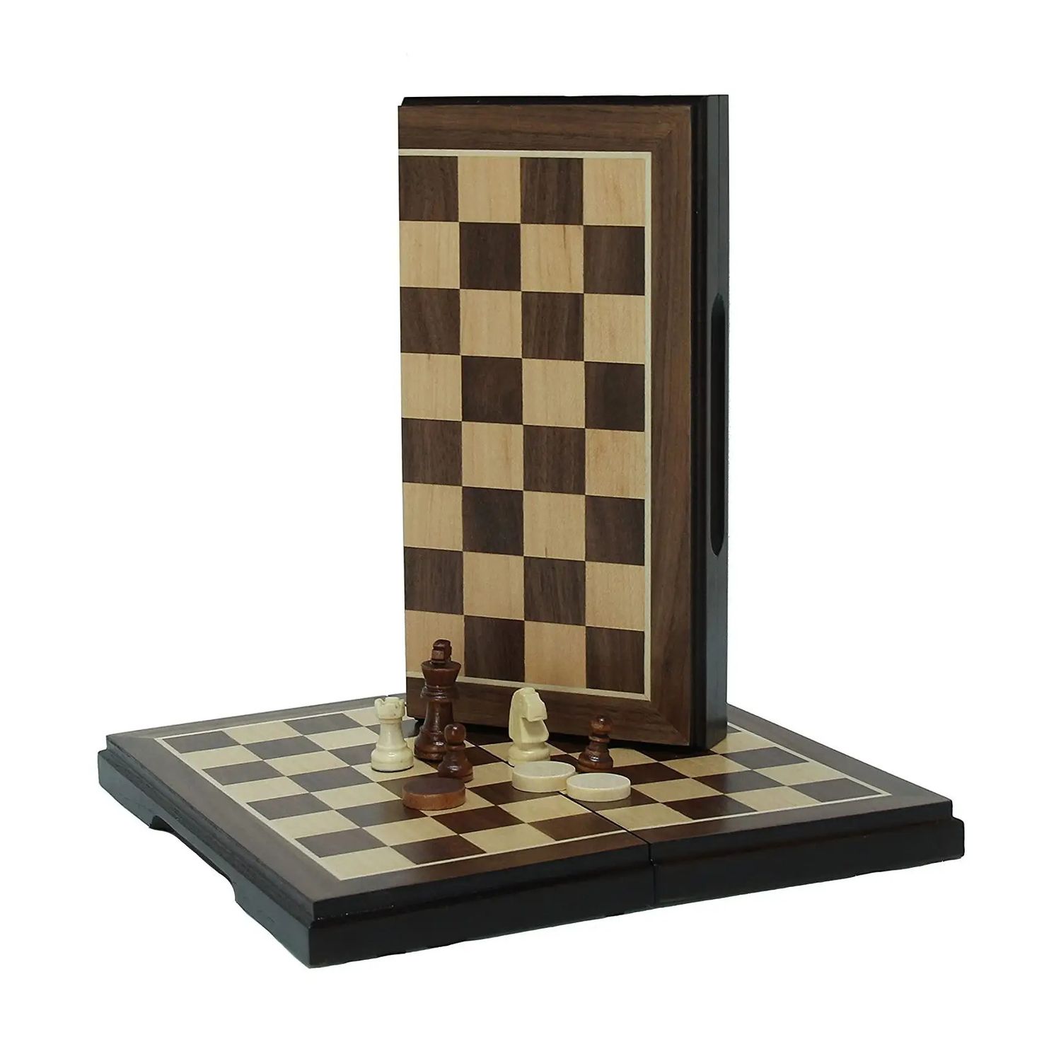 Chess and Checkers Set - Folding magnetic Walnut Wood Finish - 8 Inch For Travel