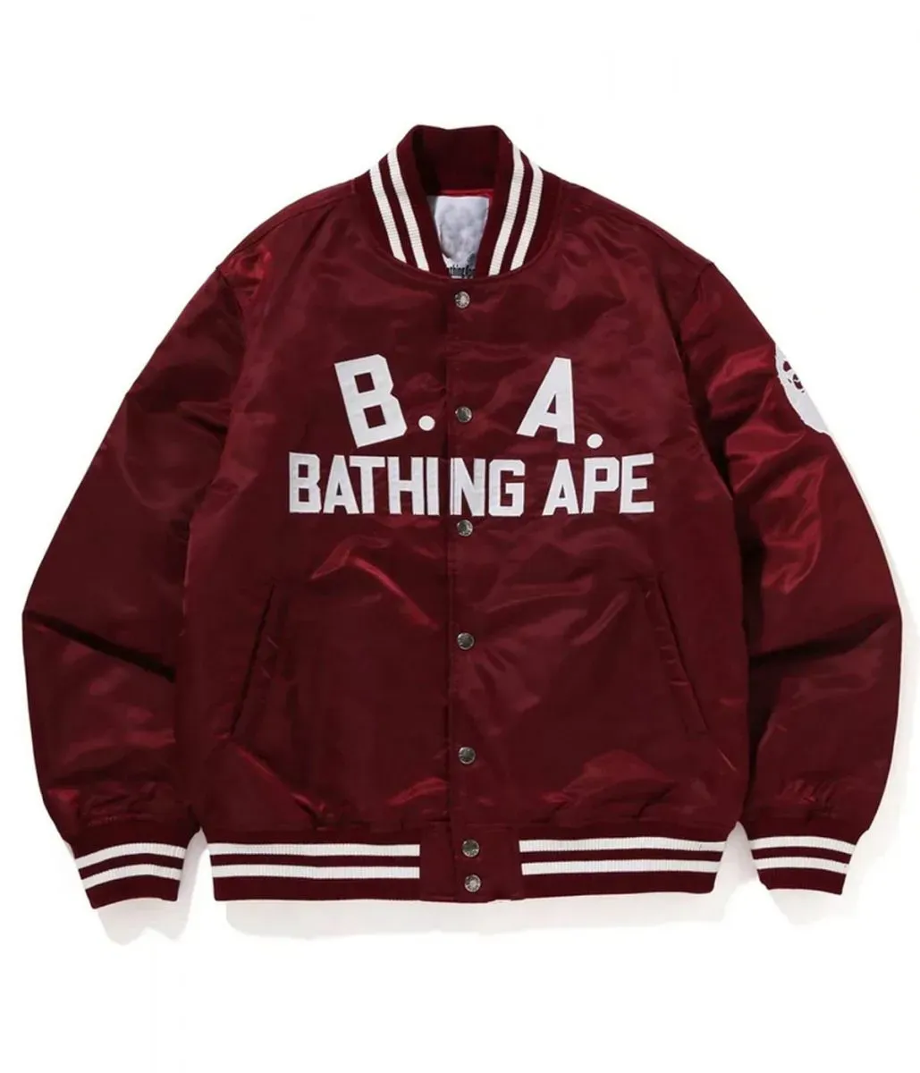 NEW BAPE SCRIPT NYLON VARSITY JACKET BURGUNDY