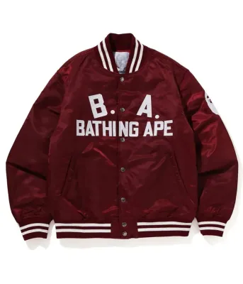 NEW BAPE SCRIPT NYLON VARSITY JACKET BURGUNDY