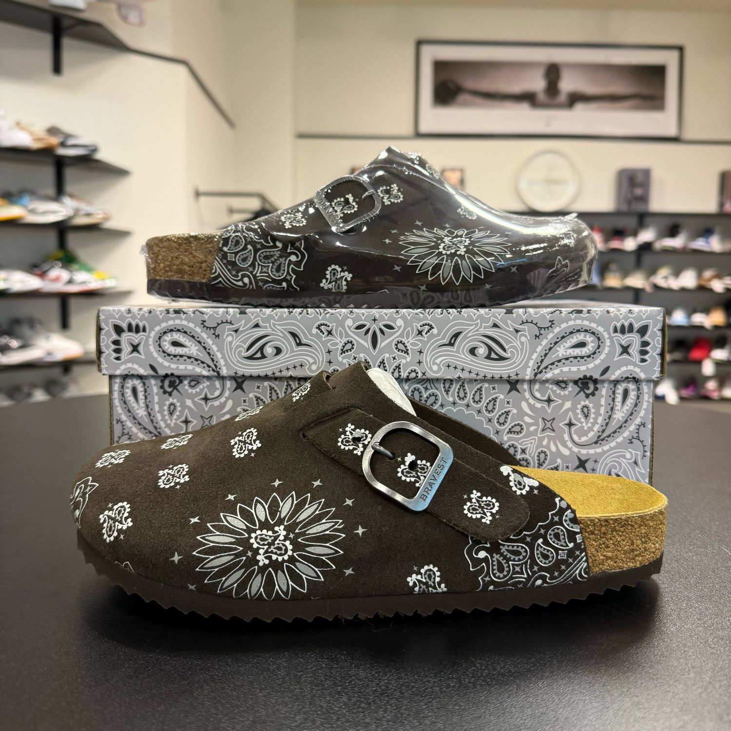 BRAVEST STUDIOS SUEDE PAISLEY CLOGS CHOCOLATE