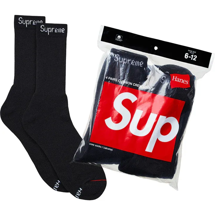 NEW SUPREME HANES CREW SOCKS BLACK (4 PACK)