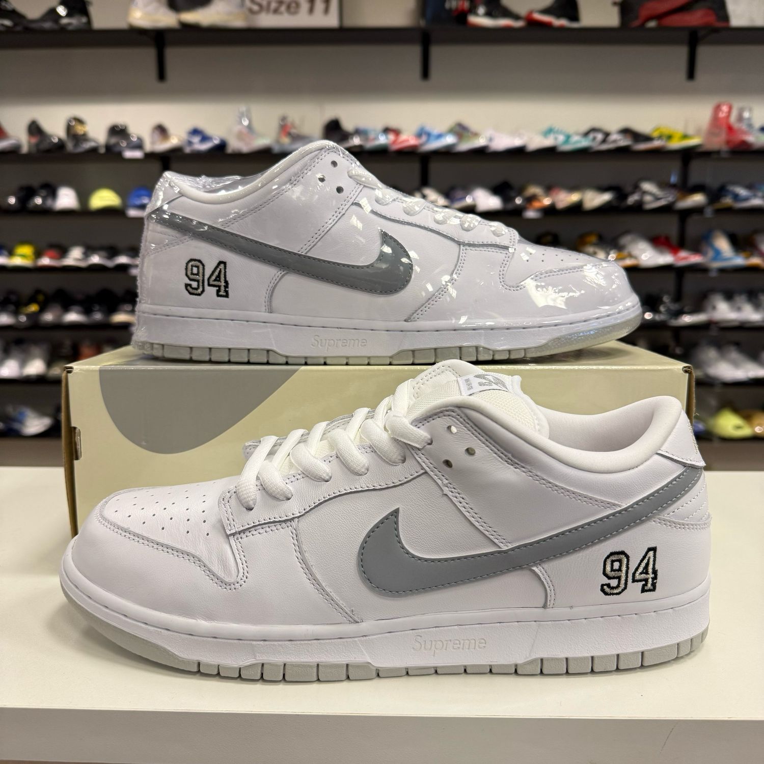 NEW NIKE SB DUNK LOW SUPREME 94 WHITE METALLIC SILVER