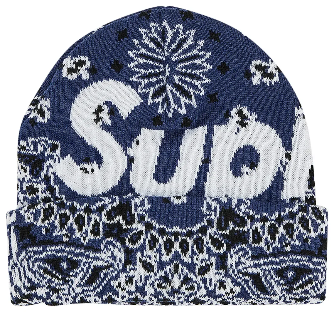 NEW SUPREME BANDANA BIG LOGO BEANIE BLUE