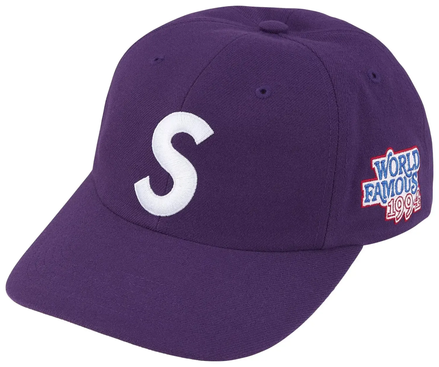 NEW SUPREME WORLD FAMOUS S LOGO 6-PANEL HAT PURPLE