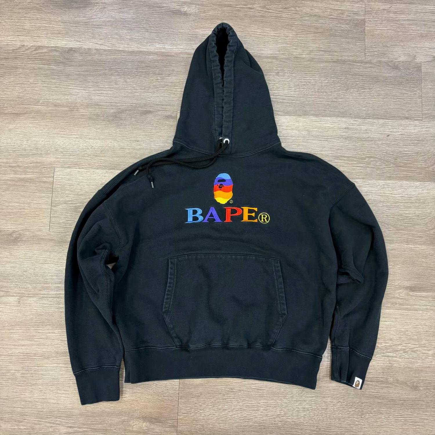 PO BAPE EMBROIDERY LOOSE FIT PULLOVER HOODIE BLACK SIZE M