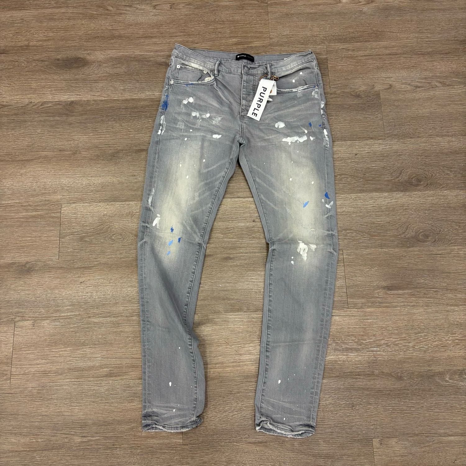 PO PURPLE JEANS P001 SLIM GREY WHITE/BLUE SPLATTER PAINT SIZE 34