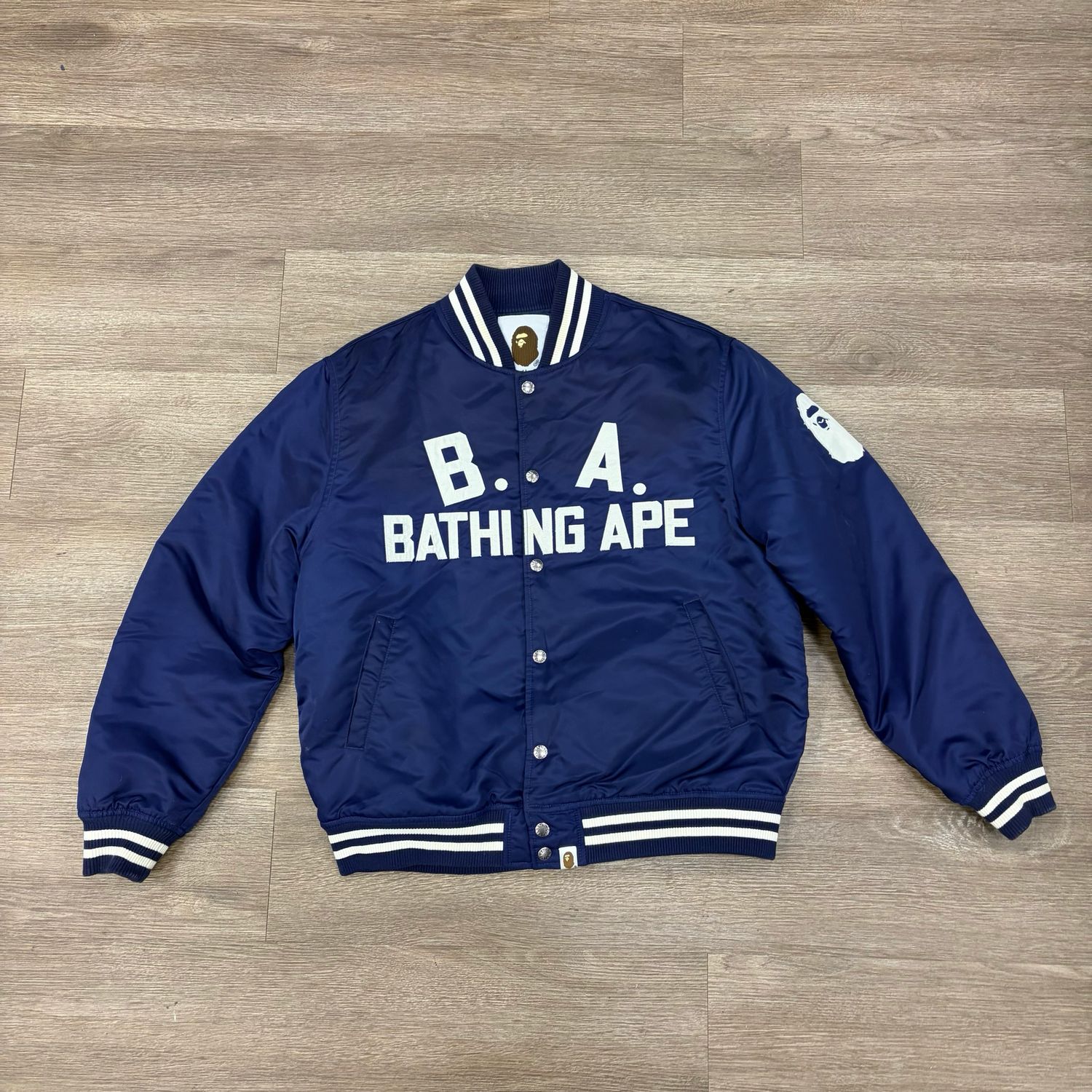 PO BAPE B.A. NAVY VARSITY JACKET SIZE L
