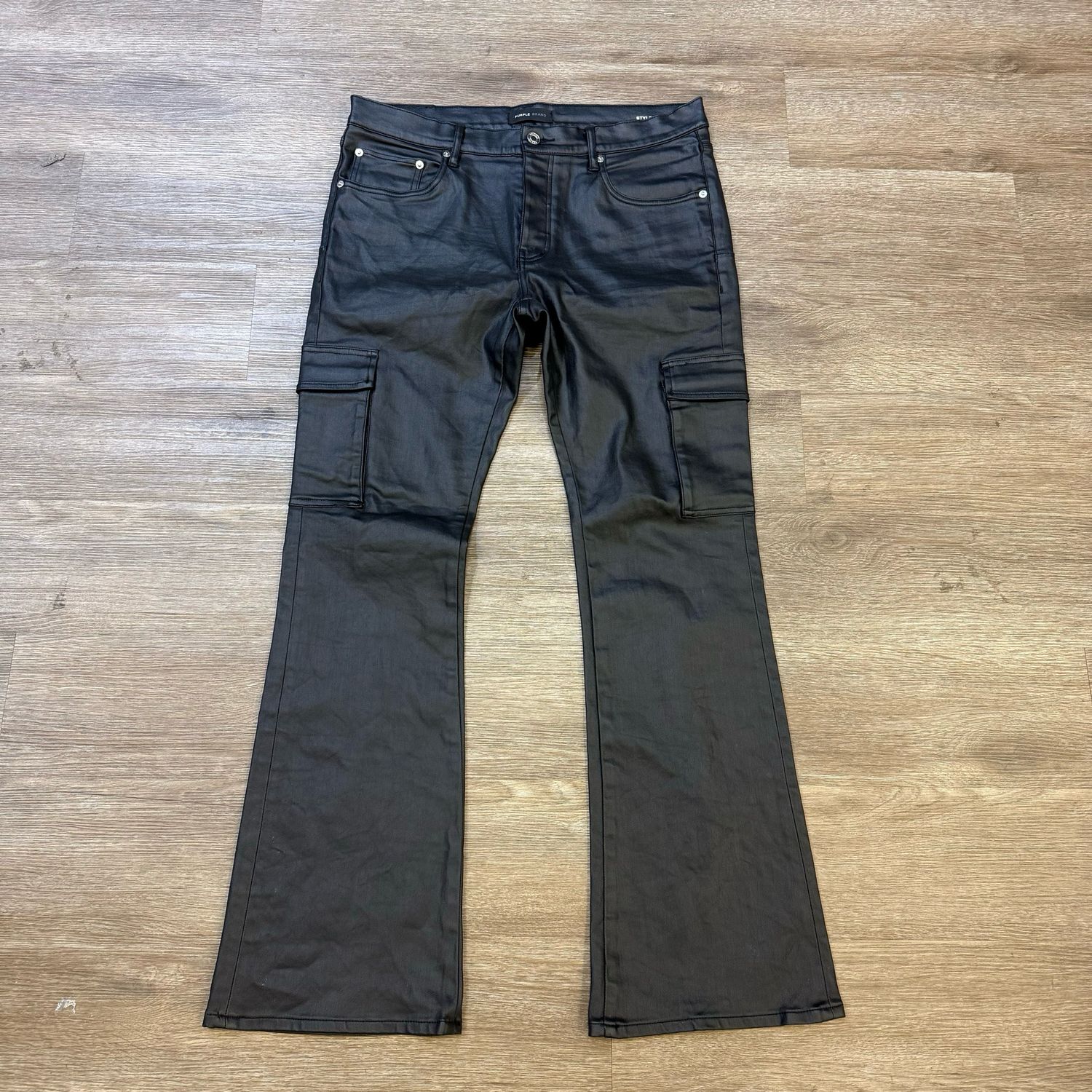 PO PURPLE JEANS P004 BLACK LEATHER FLARED JEANS SIZE 36