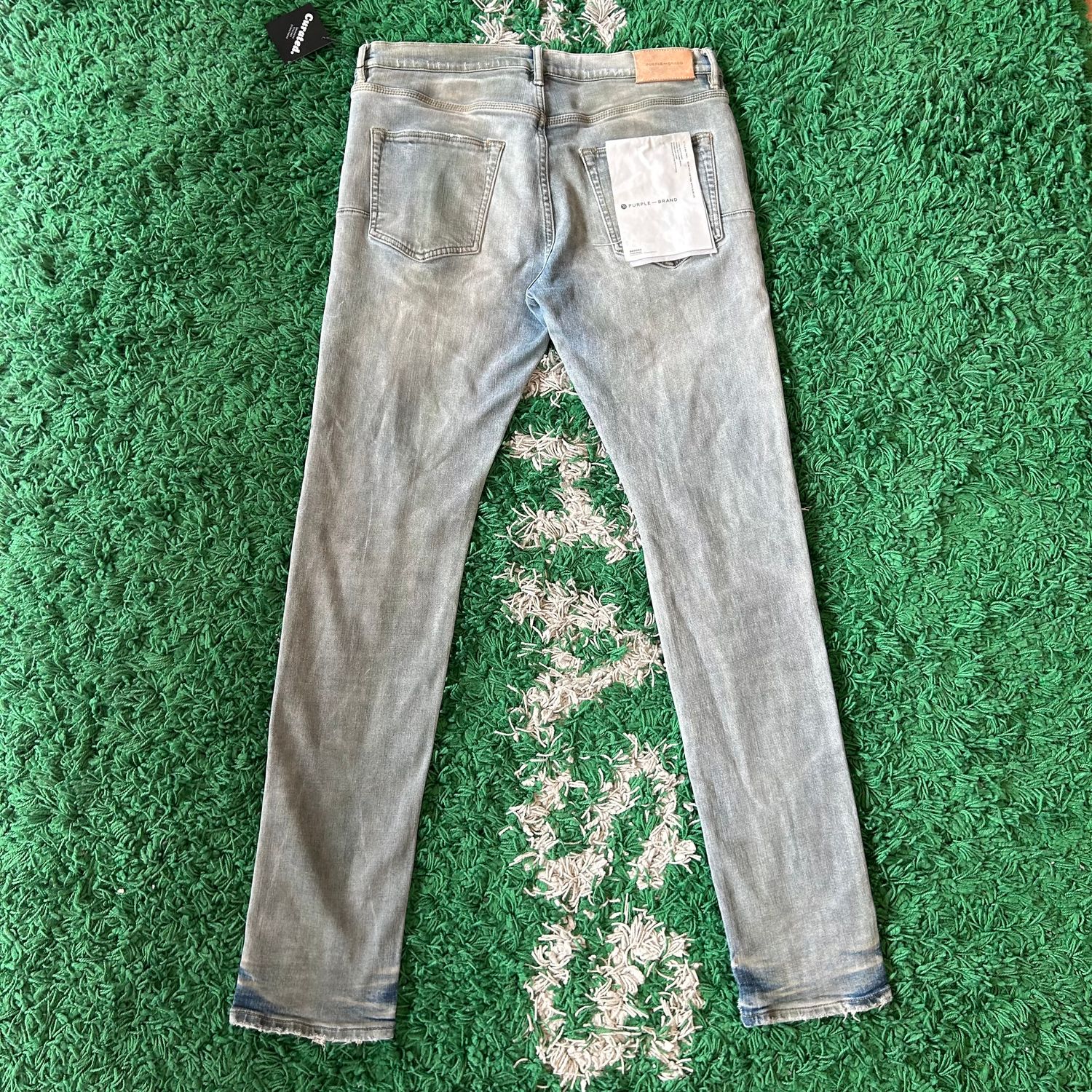 PO PURPLE P001 SLIM FIT DIRTY LIGHT WASH RIGHT KNEE RIP SIZE 34
