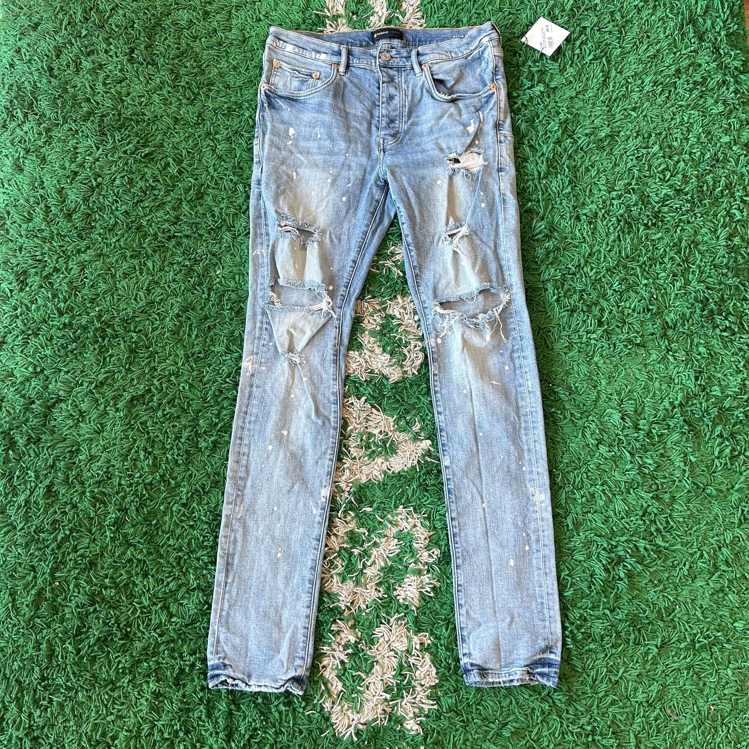 PO PURPLE P001 SLIM FIT LIGHT WASH HOLES &amp; WHITE PAINT SIZE 34