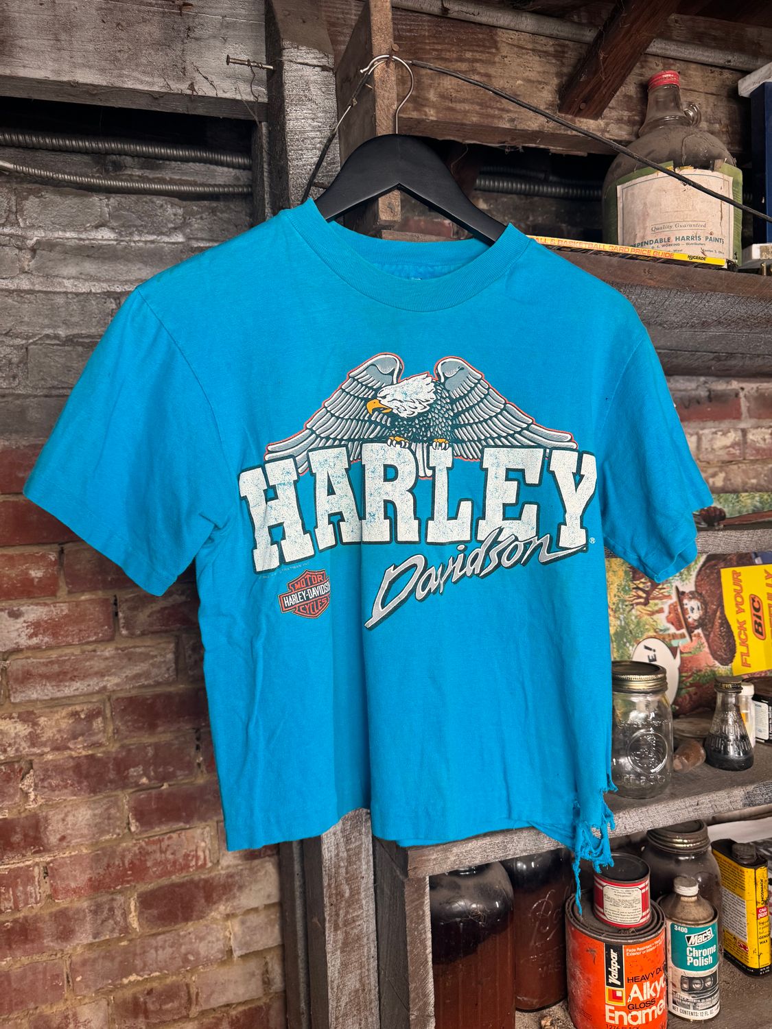 Vintage 1990 Harley Davidson Eagle Bright Blue Tee Women’s Size M (18x20)
