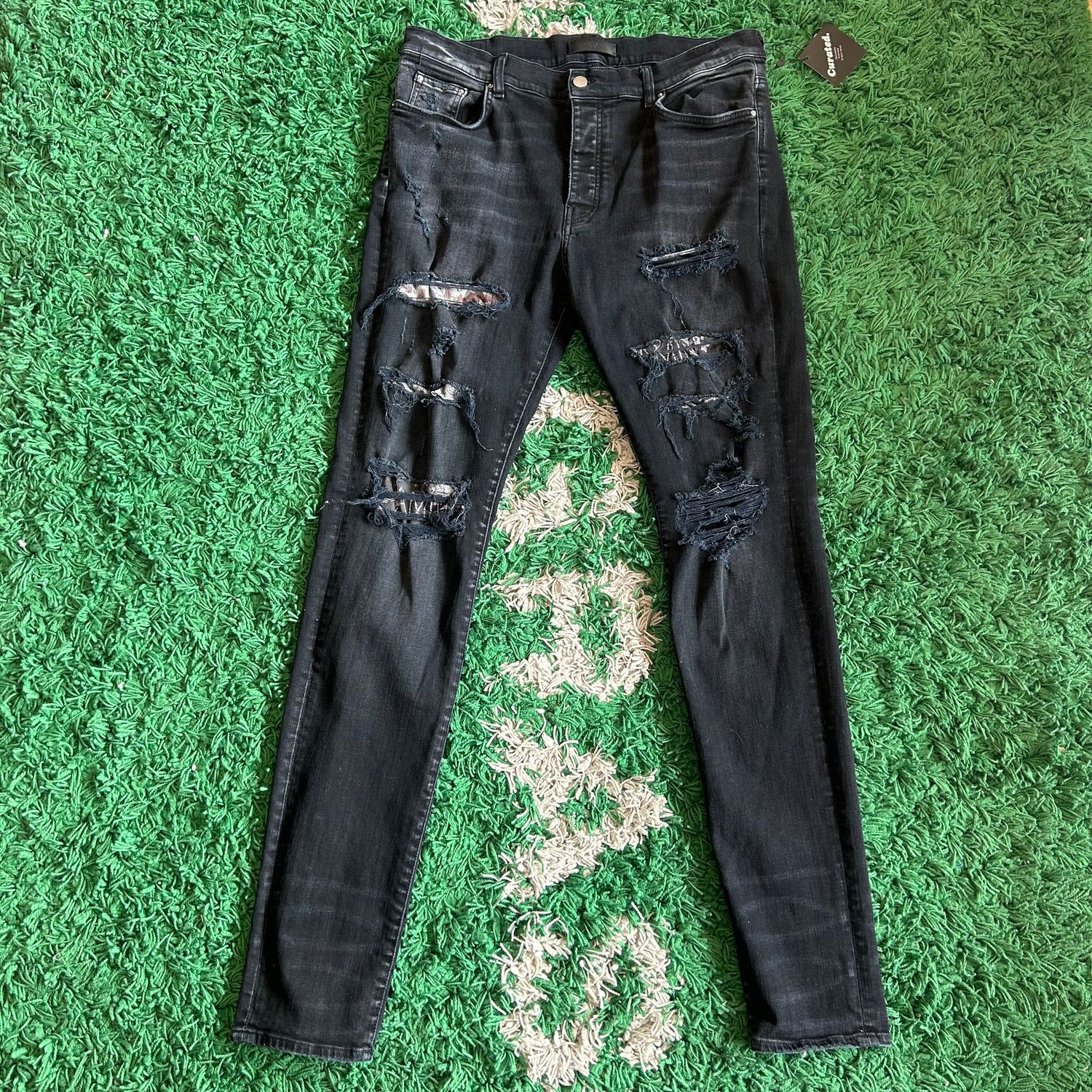 PO AMIRI MX1 SKINNY AGED BLACK HIBISCUC ARTPATCH JEANS SIZE 38