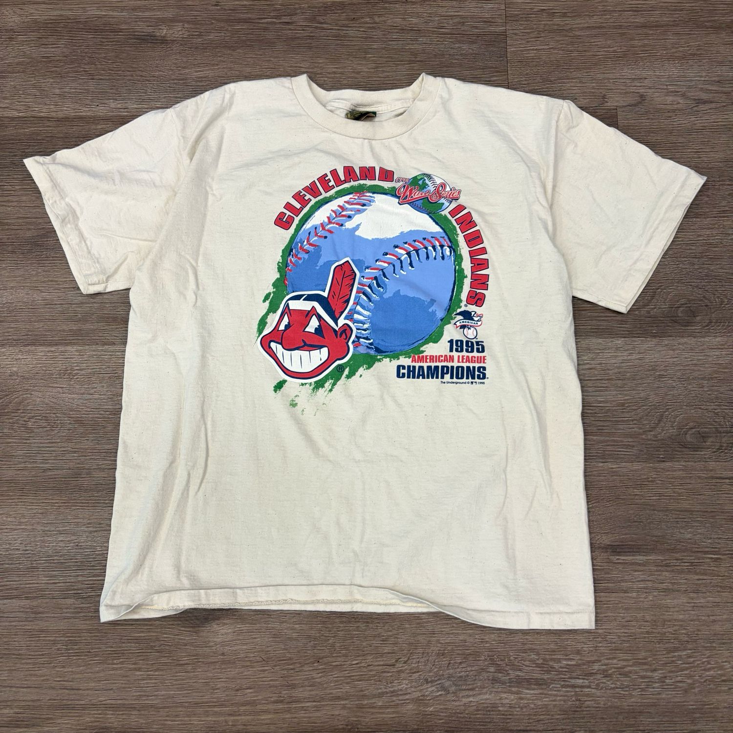 VINTAGE 1995 CLEVELAND INDIANS AMERICAN LEAGUE CHAMPIONS TEE SIZE XL
