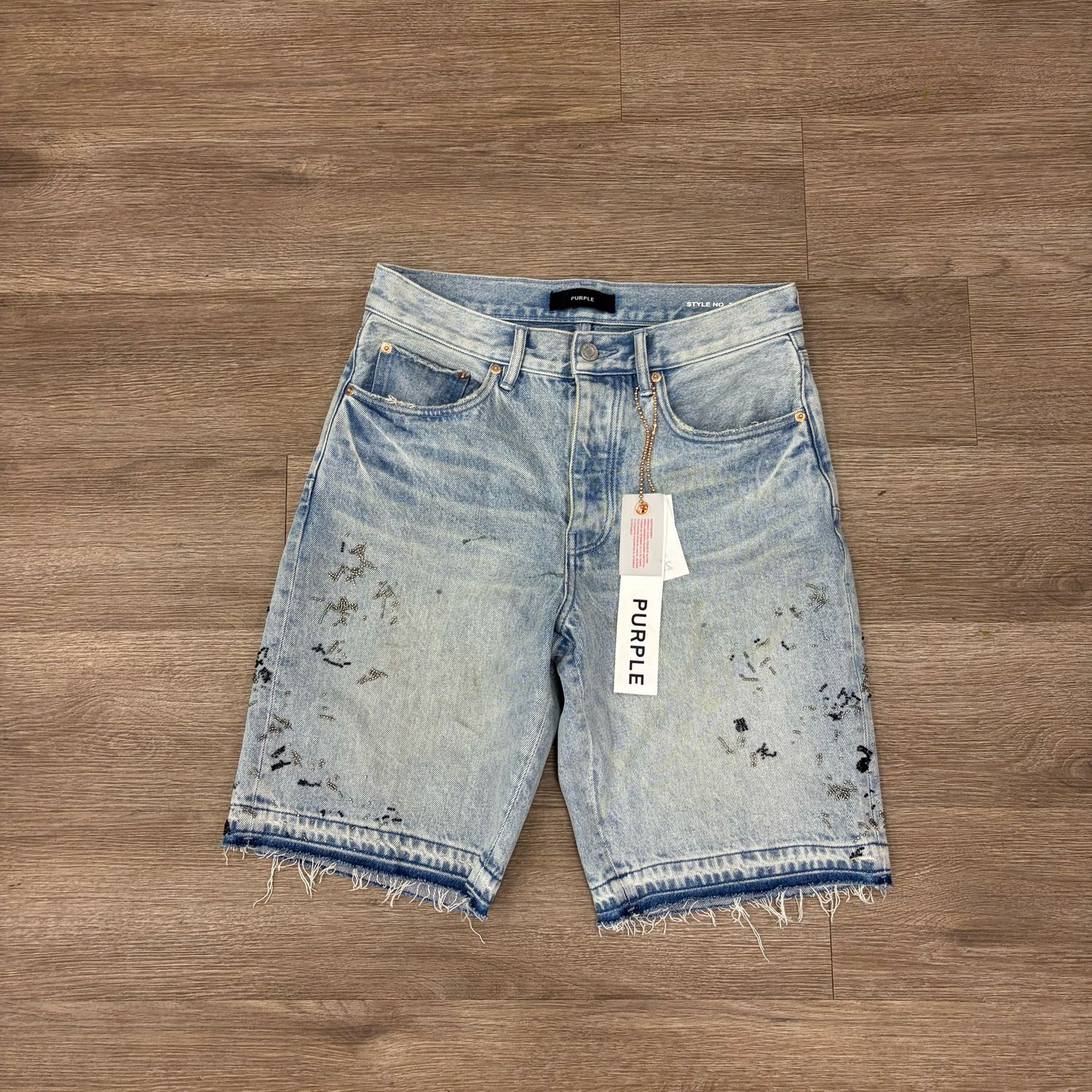 PO PURPLE BRAND BEADED SPLATTER DENIM SHORTS LIGHT INDIGO SIZE 29