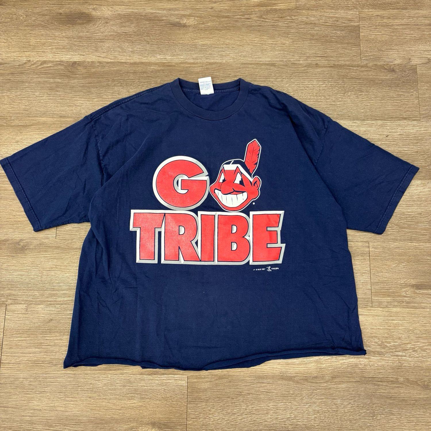 VINTAGE 1997 CLEVELAND INDIANS CHIEF WAHOO GO TRIBE TEE NAVY SIZE 2XL