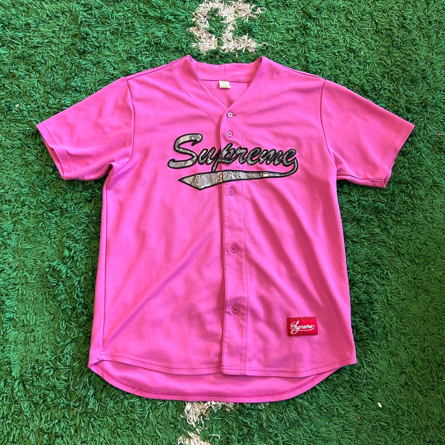 PO SUPREME SNAKE SCRIPT LOGO BASEBALL JERSEY PINK (SX) SIZE XL