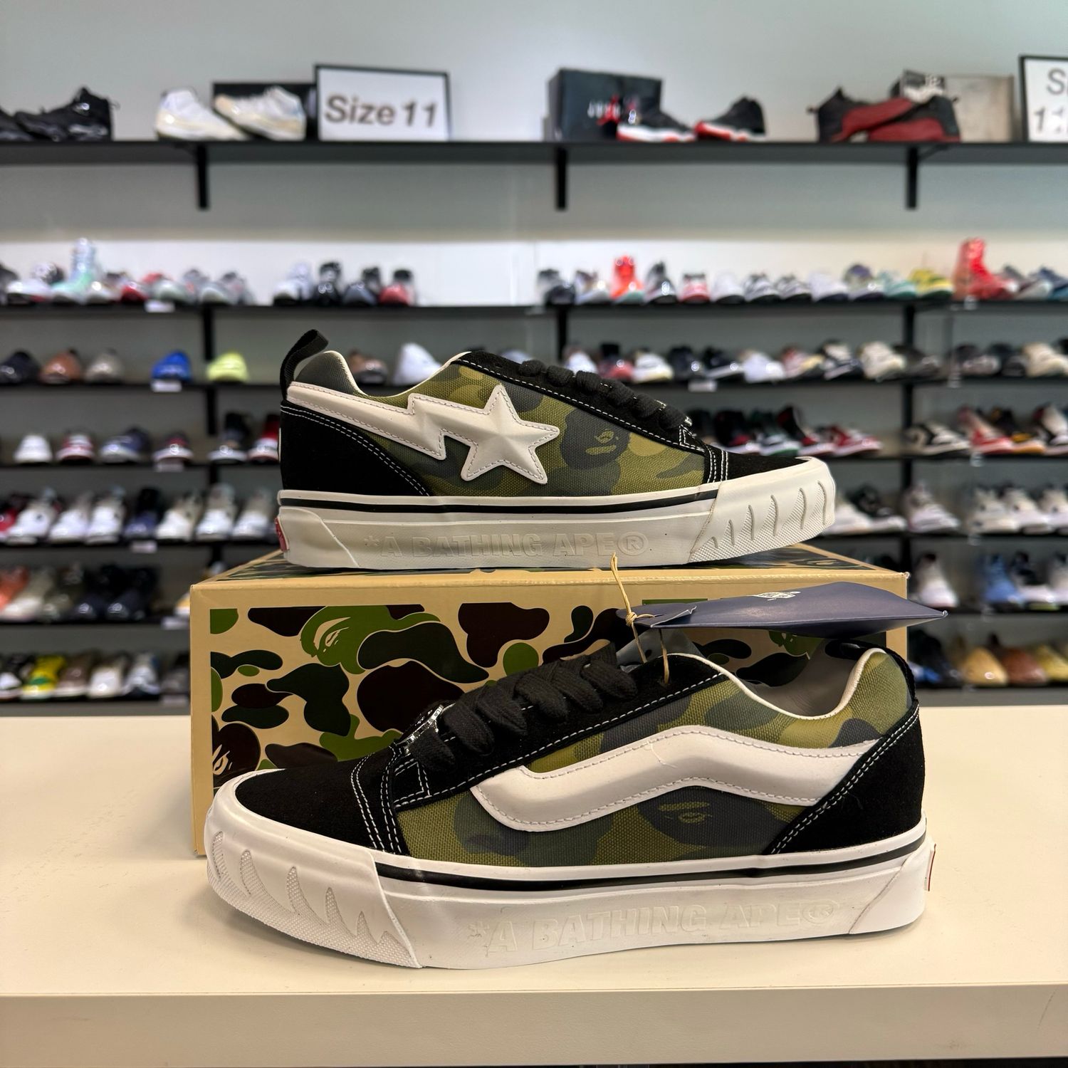 NEW (WITH FLAW) VANS KNU SKOOL BAPE CAMO GREEN / MULTI SIZE 7.5