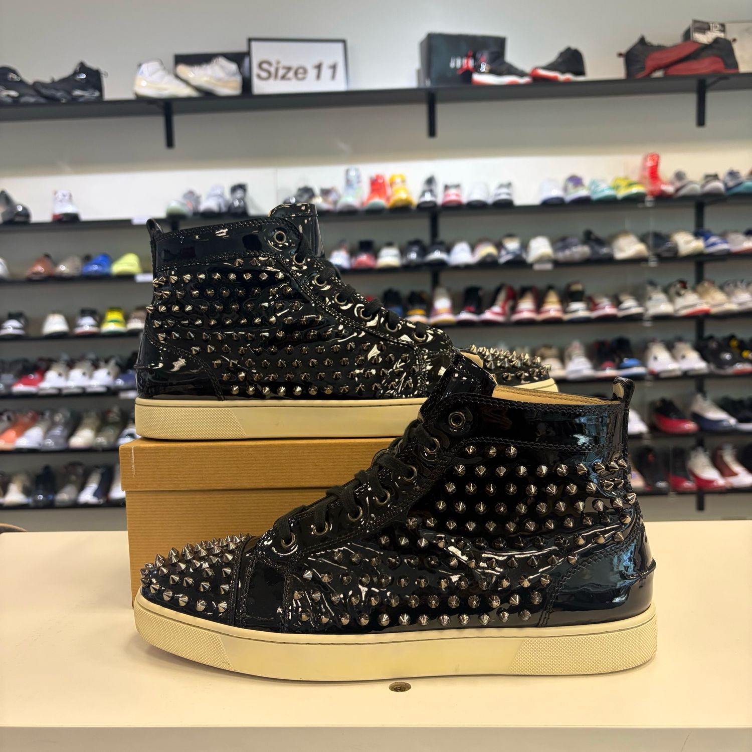 PO CHRISTIAN LOUBOUTIN LOUIS FLAT SPIKES BLACK PATENT SIZE EU 45.5/US 12.5