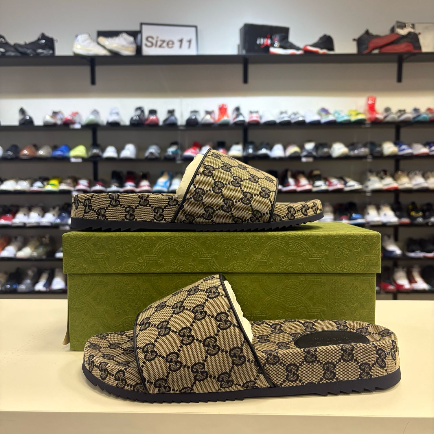 NEW GUCCI GG SLIDE SANDAL BEIGE BLUE MONOGRAM SIZE EU44/US11