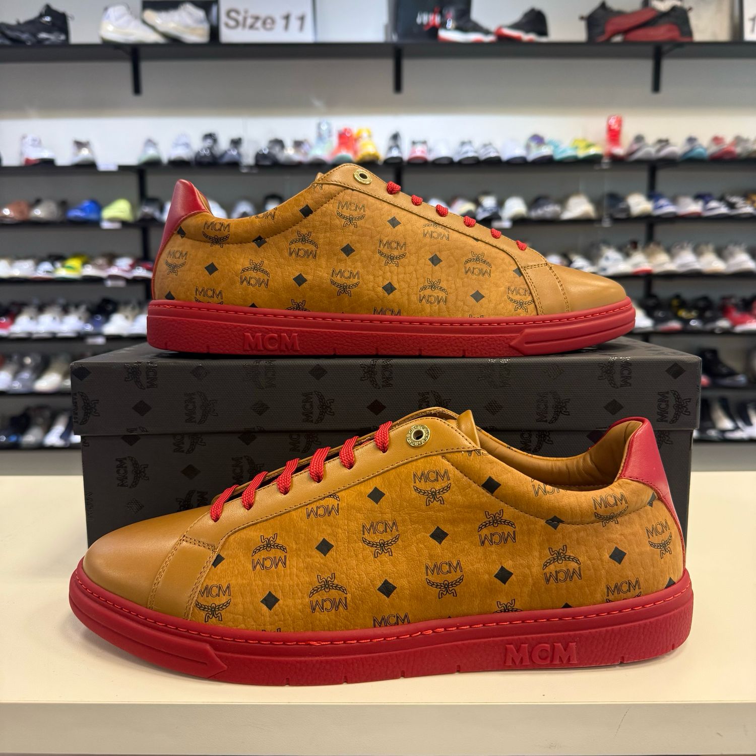 NEW MCM MENS TERRAIN VISETOS LOW TOP SNEAKER RED AND COGNAC SIZE 45/12