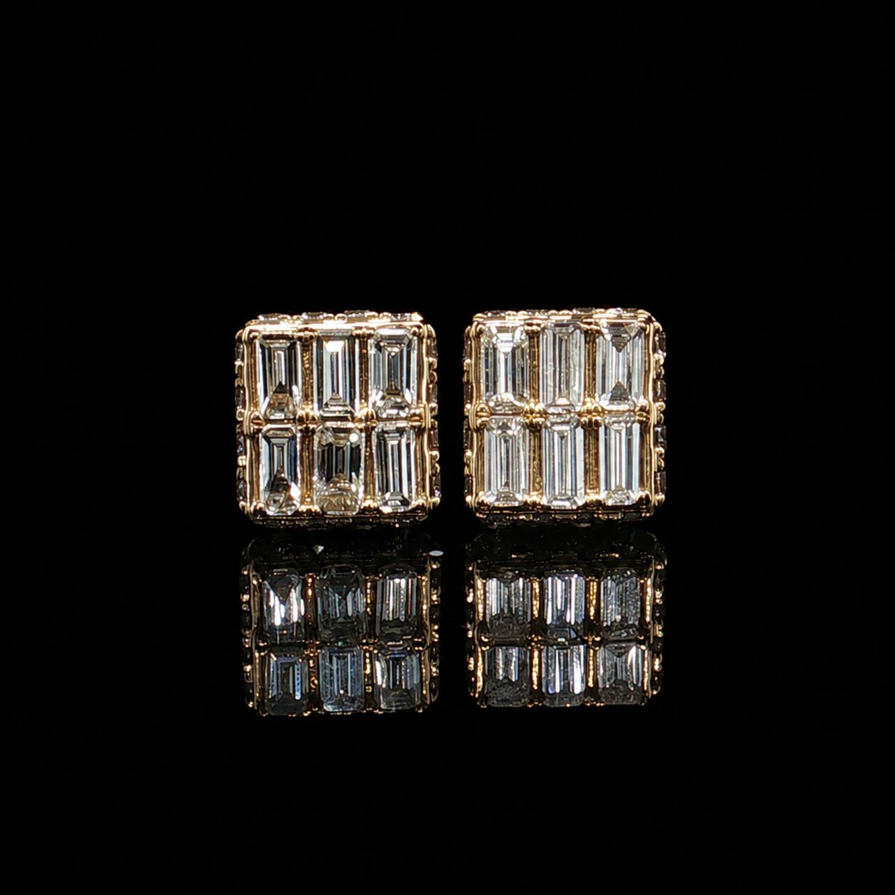 14k Yellow Gold Baguette Diamond Square Stud 1.89ct