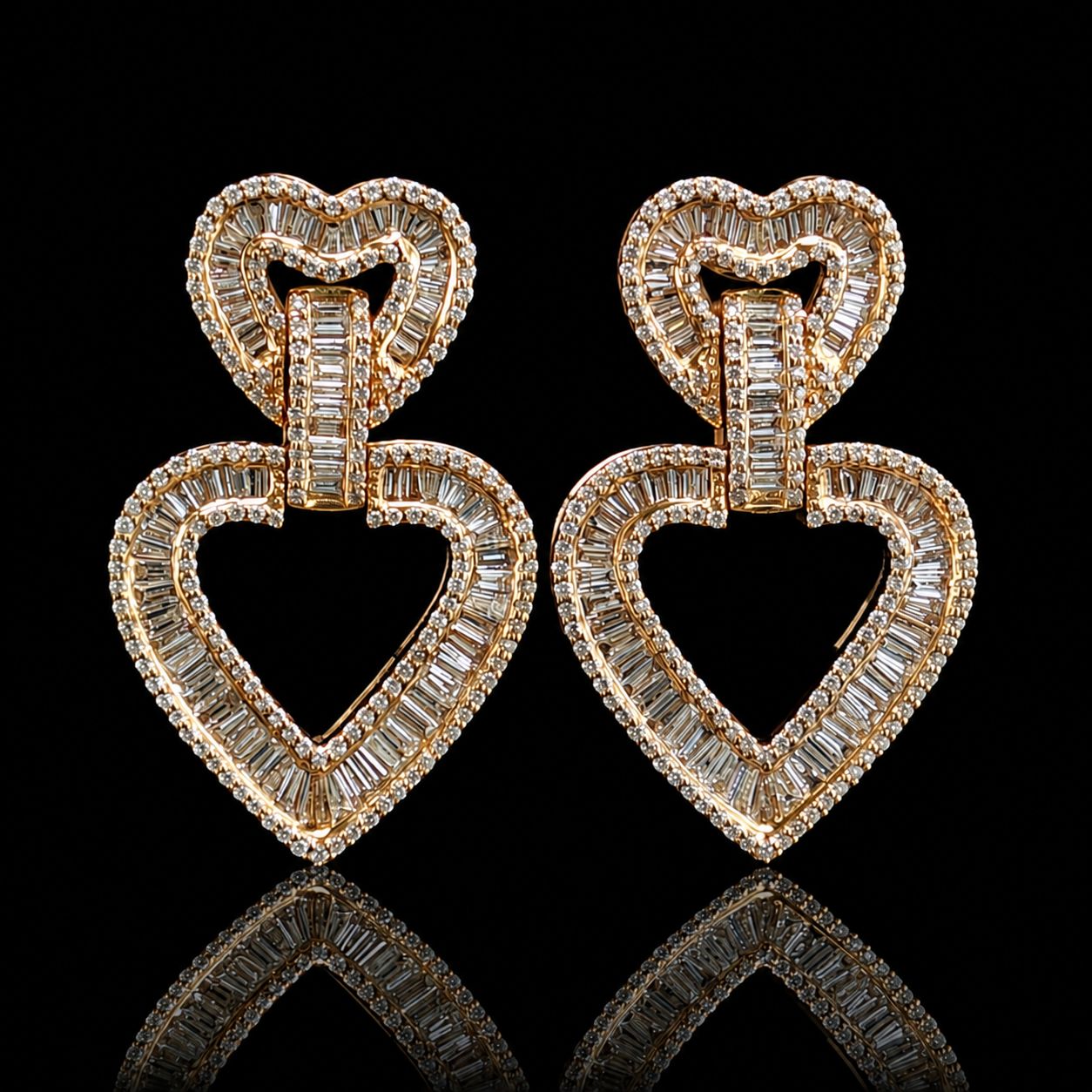 14k Yellow Gold Baguette Double Heart Drop 1.75ct