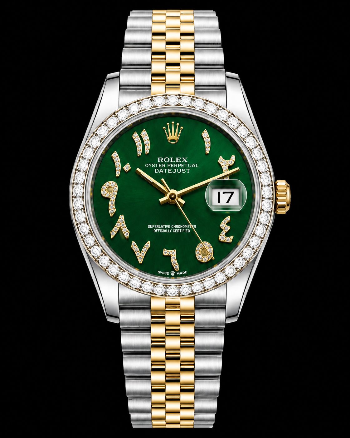 Rolex DateJust 36mm Two Tone Green Arabic Dial Diamond bezel
