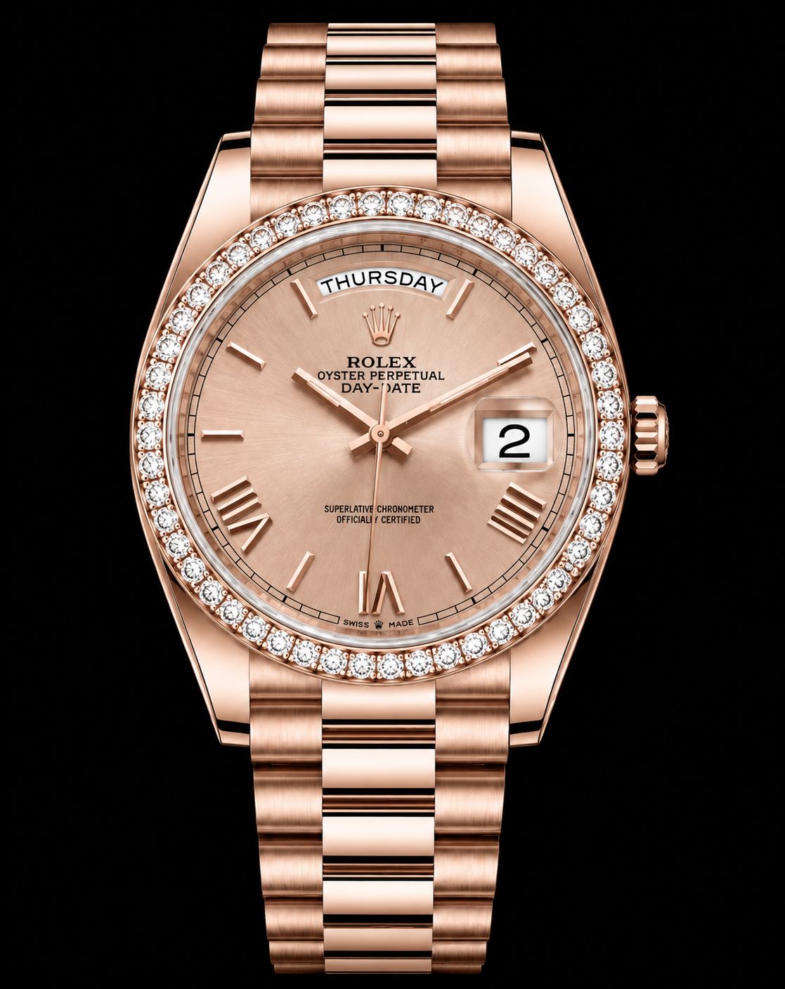 Rolex Day-Date 40mm Rose Gold Sundust Dia Bezel 228345RBR