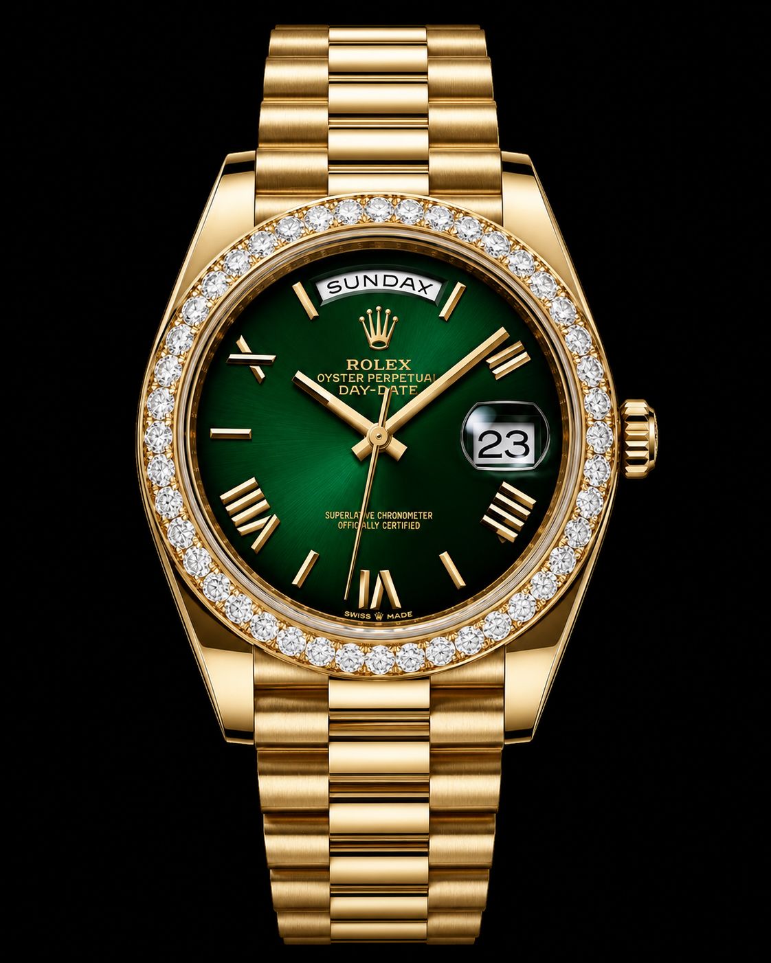 Rolex Day-Date 40mm YG Fac Dia Bezel Green Ombre 228348RBR