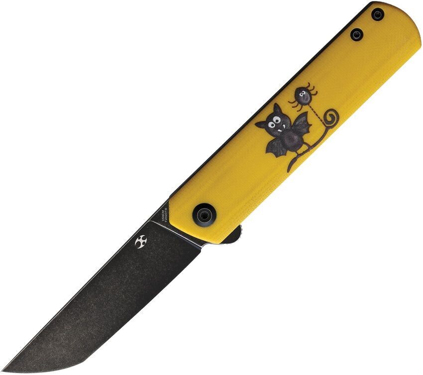 Kansept Knives Foosa Slip Joint Knife Yellow G-10 w/ Bat/Spider (3" Black SW)