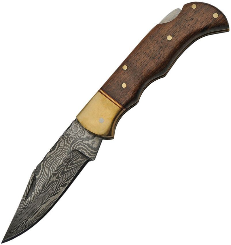 K&amp;R Knives Lockback Wood Damascus 57842