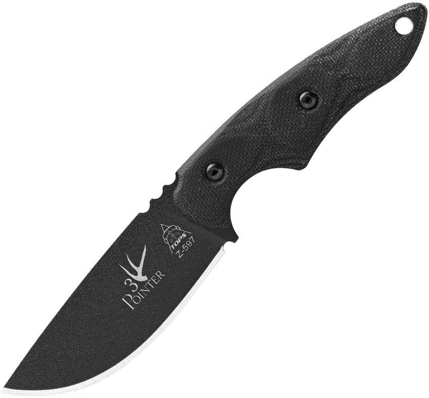 TOPS Knives 3 Pointer Fixed Blade Knife Black Canvas Micarta (3.13" Black)