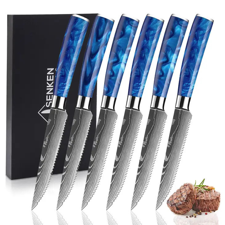 Senken Professional Steak Knife Set - Damascus Pattern + Blue Resin 6 Piece