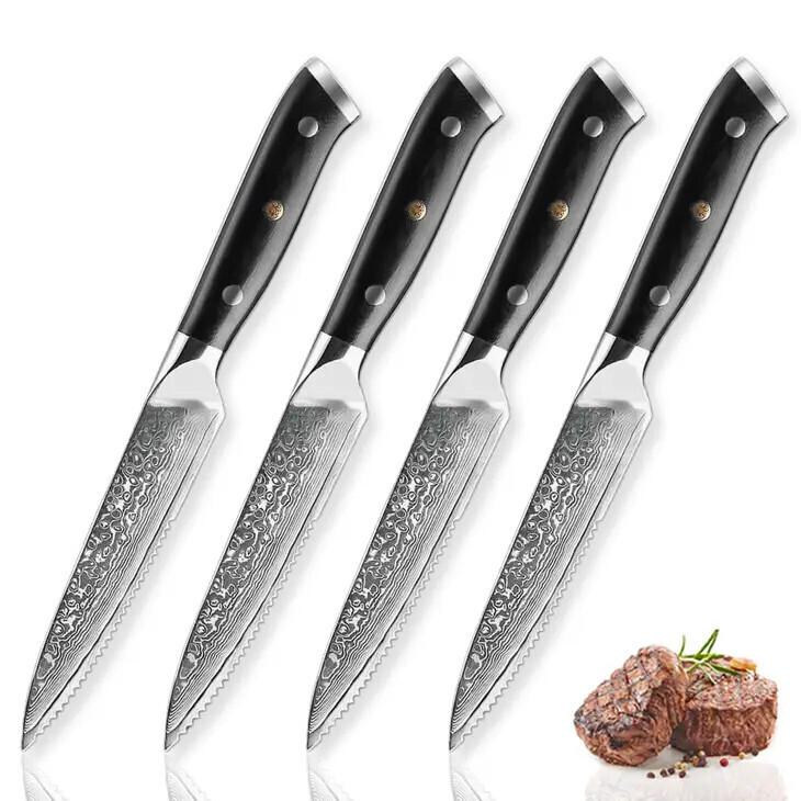 Senken Japanese Damascus Steak Knife Set w/ Full-Body Handle