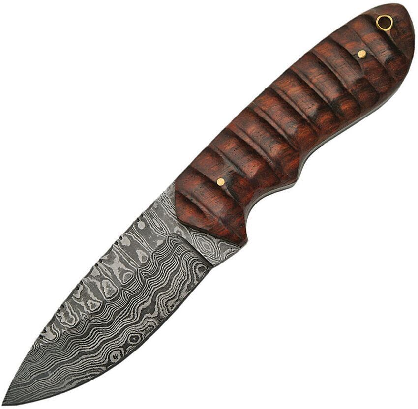 K&amp;R Knives Fixed Blade Damascus Grooved RoseWood Handle