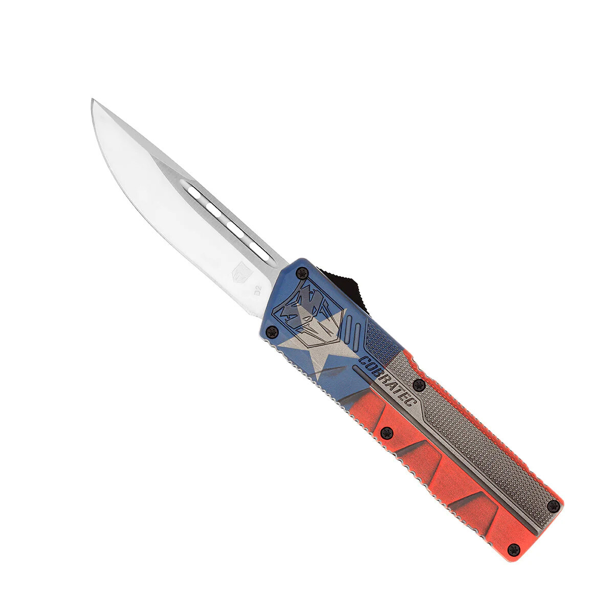 CobraTec Lightweight Cerakote OTF Knife Medium, Color: Texas Flag, Blade Type: Drop Point