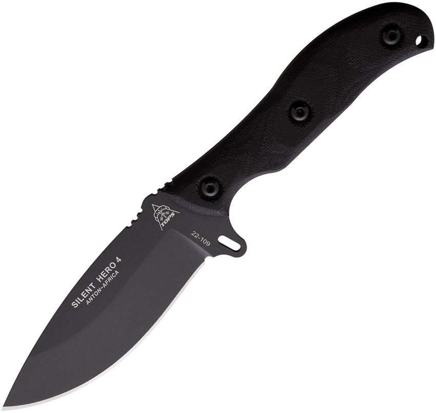 TOPS Knives Silent Hero 4 Fixed Blade Knife Black Smooth Micarta (4.25" Black)