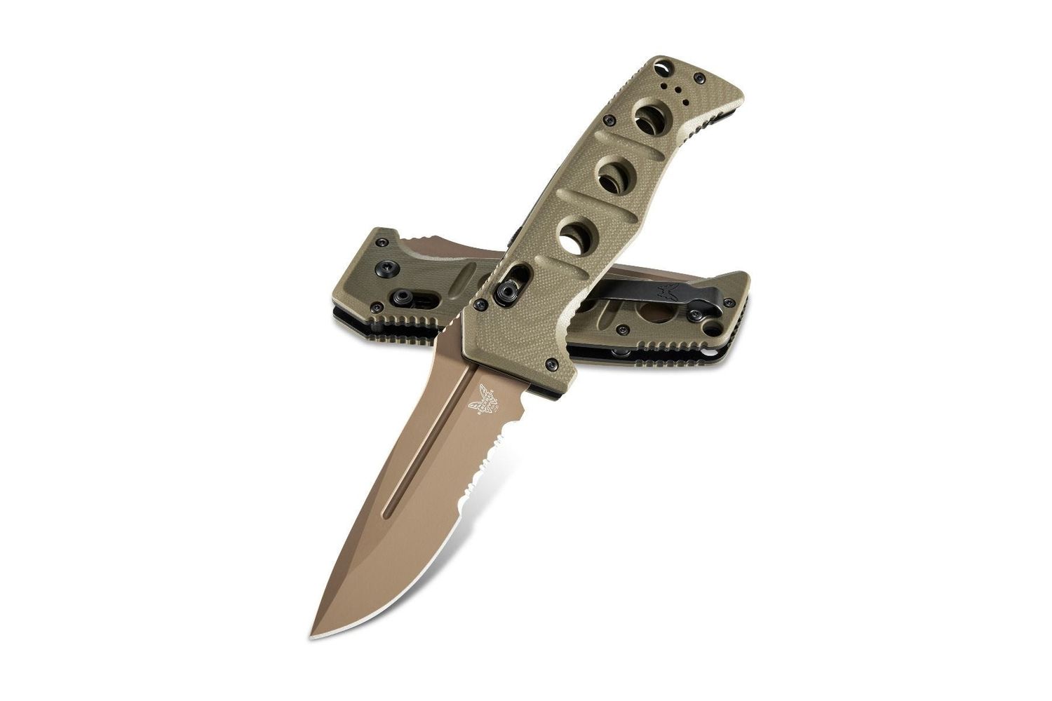 Benchmade 2750SFE-2 Shane Sibert AUTO Adamas Folding Knife 3.78" CruWear Flat Dark Earth Combo Blade, OD Green G10 Handles, Ballistic Nylon Sheath