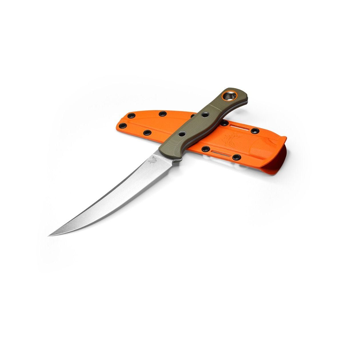 Benchmade Hunt Meatcrafter Fixed Blade Knife 6.08" CPM-S45VN Stonewashed Trailing Point, OD Green G10 Handles, Boltaron Sheath - 15500-3