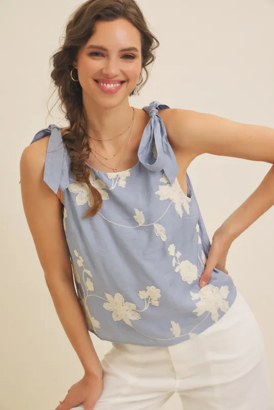 Top - Embroidery w/ Bow Straps - Dusty Blue - Small