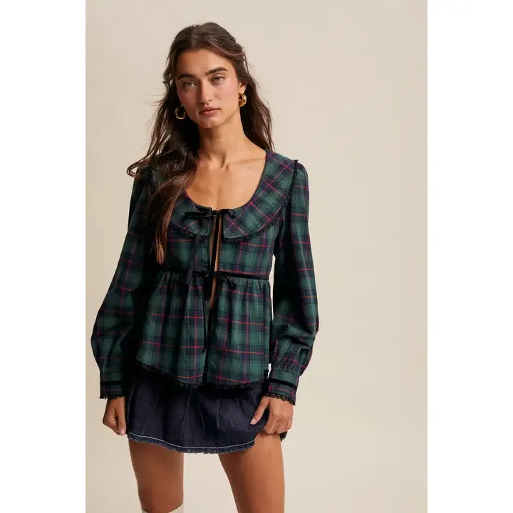 Blouse - Plaid Velvet Holiday Trim - M