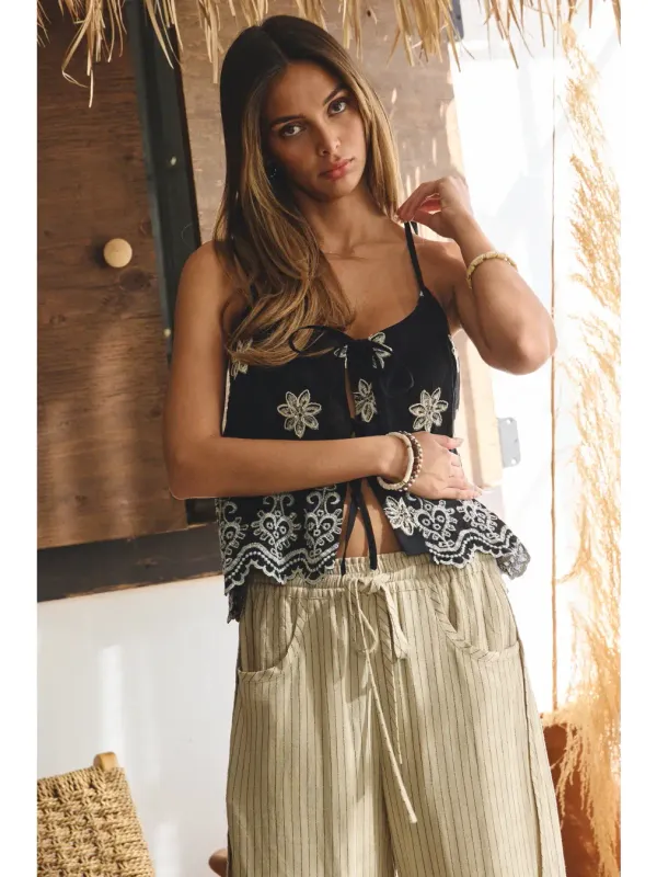Top - Eyelet Embroidered Black Cami - Large