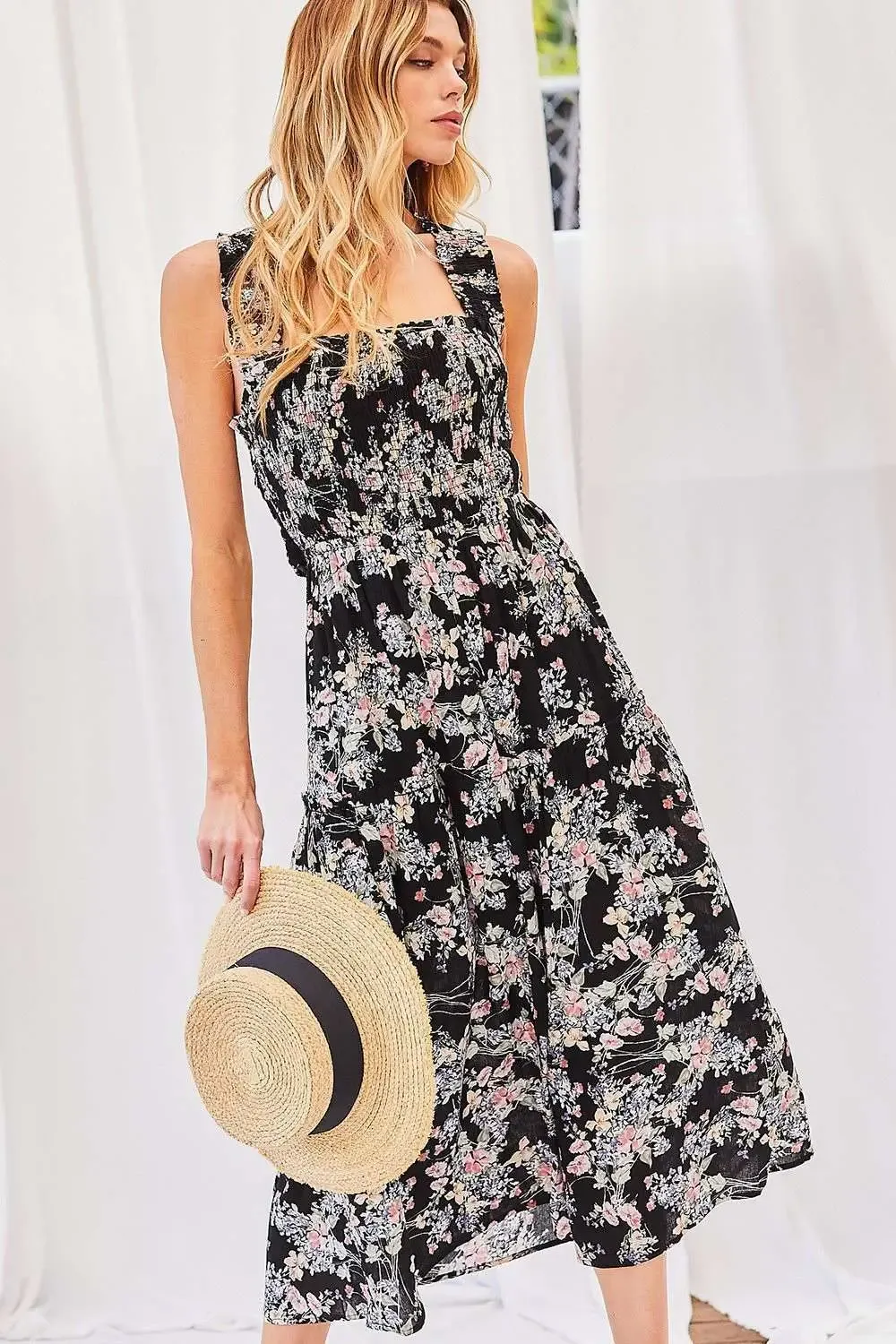 Dress - Smoking Back Cross Tie - Black Floral - Large